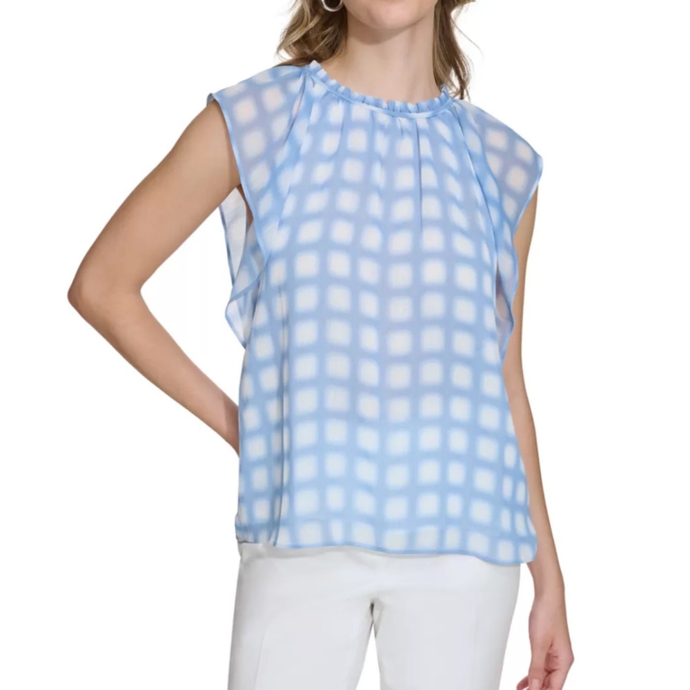 Calvin Klein Women's Flutter Sleeve Printed Chiffon Blouse Blue size S